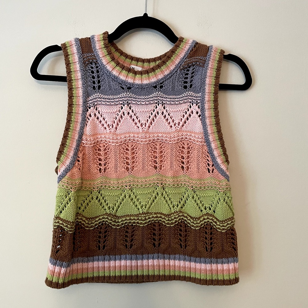 Zara Crochet Pointelle Knit Striped Tank Top Size S Cotton Boho Granola Cottage